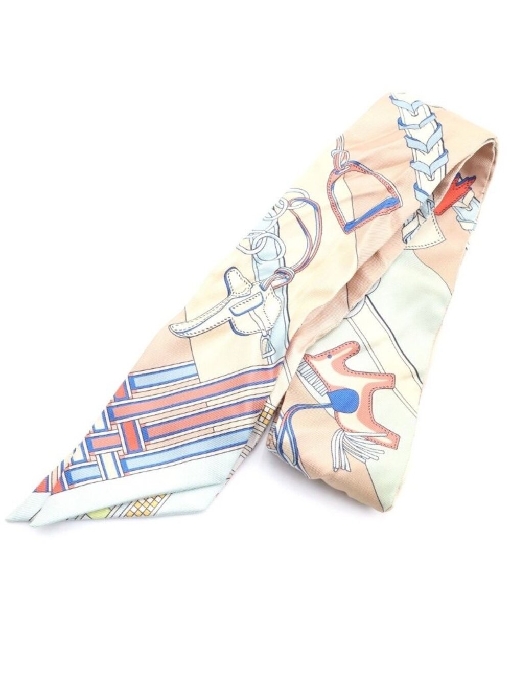 Hermes Twilly Bridle and Charm Silk Scarf Beige